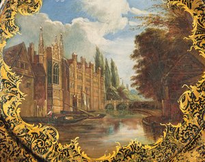 Victoriaans bord versierd met een scène van St. Johns College, Cambridge, Third Court en zijn brug door English School