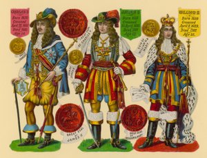 Victoriaanse prent: Koning Karel II, Koning Jacobus II, Koning Willem III door English School