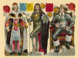 Victoriaanse prent: Koning James I, Koning Charles I, Oliver Cromwell door English School