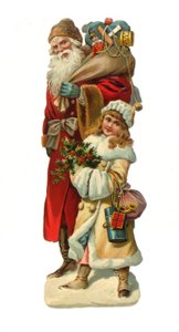 Victoriaanse schrap papier reliëf van de Kerstman met geschenken, c.1880