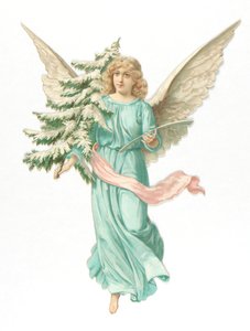 Victoriaanse schrap reliëf van een engel die een spar vasthoudt, c.1880