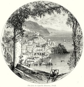 Uitzicht vanaf het kapucijnenklooster, Amalfi (gravure)