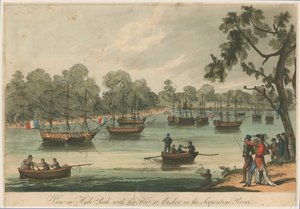 Uitzicht in Hyde Park met de vloot voor anker op de Serpentine River. Naumachia. Vrede van 1814 door English School