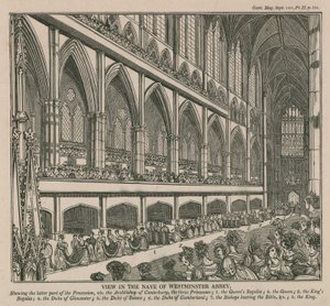 Uitzicht in het schip van Westminster Abbey tijdens de Kroning van Koning William IV en Koningin Adelaide door English School