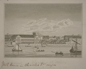 Uitzicht naar het noorden over de rivier de Theems, kijkend naar York House en York Buildings door English School