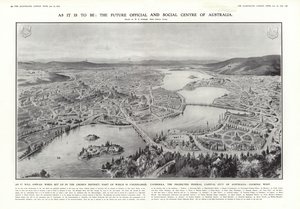Uitzicht op Canberra, voorgestelde federale hoofdstad van Australië, 1913 door English School