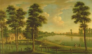 Uitzicht op Chelsea Reservoir en Waterwerken, met Westminster Abbey in de verte, c.1725