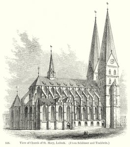 Gezicht op de Mariakerk, Lubeck (gravure)