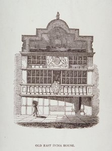 Uitzicht op East India House, met figuur op de voorgrond, ca. 1700 door English School