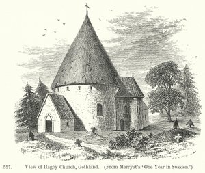 Gezicht op Hagby Church, Gothland (gravure) door English School
