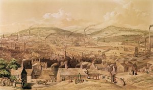Uitzicht op industrieel Sheffield vanuit het zuidoosten door William Ibbit, 1854 door English School