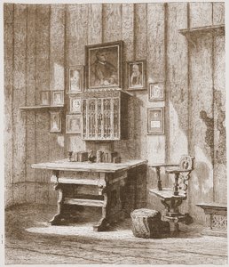 Uitzicht op Luthers kamer in de Wartburg, met de inktvlek op de muur, illustratie uit De Geschiedenis van het Protestantisme door James Aitken Wylie, 1878 door English School