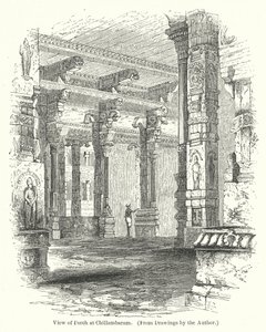 Zicht op portiek in Chillambaram (gravure) door English School