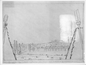 Uitzicht op Roxborough Church, Kings Arms en de schoorstenen van Browns House, vanuit een schietgat tussen de sally port en het rechter bastion van de linies, 1776