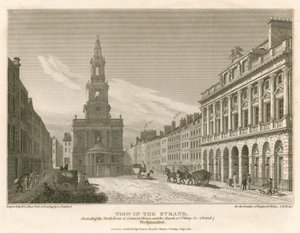 Uitzicht op The Strand, inclusief de noordelijke gevel van Somerset House en de kerk van St Mary-Le-Strand, Westminster, Londen door English School