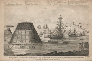 Zicht op een kegel gebouwd in het jaar 1785 die naar zijn plaats in de weg van Cherbourg wordt gebracht door English School