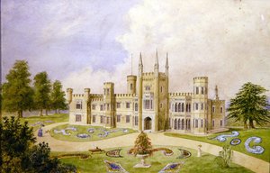 Uitzicht op een landhuis in gotische stijl met een formele tuin, ca. 1840