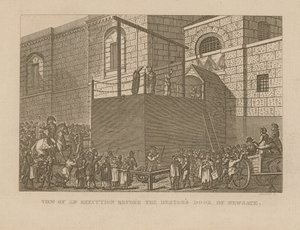 Uitzicht op een executie voor de schuldenaarsdeur van Newgate door English School