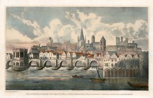 Uitzicht op de oostkant van de Oude Londense Brug vanuit BM Royal MSS door English School