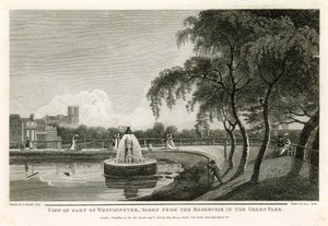 Uitzicht op een deel van Westminster, genomen vanaf het reservoir in het Green Park door English School