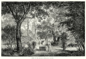 Gezicht op het Britse consulaat, Canton (gravure)