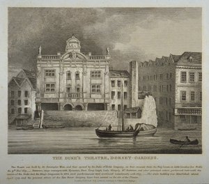 Uitzicht op het Dukes Theatre, Dorset Gardens, vanaf de rivier de Theems, 1814