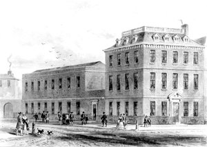 Uitzicht op de oostzijde van Soho Square, 1850 door English School