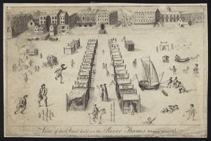Uitzicht op de kermis gehouden op de rivier de Theems, 1683-1684