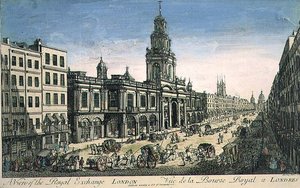 Zicht op de Royal Exchange, Londen, gegraveerd door Pierre Moithey door English School