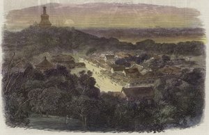 Uitzicht op de tuinen en de boeddhistische tempel in de Keizerlijke Stad