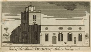 Uitzicht op de parochiekerk van Stoke Newington door English School
