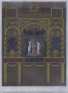 Uitzicht op de prachtige verlichting bij het huis van M Otto in Portman Square, Londen, op de avond van de vredesverklaring, 29 april 1802 door English School