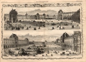 Uitzichten van de Cour Carrée du Louvre in Parijs. Gravure in 