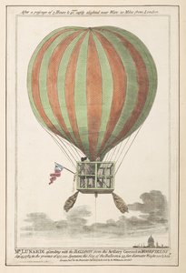 Vincent Lunardi in de lucht na zijn opstijging vanuit Moorfields, september 1784 (gekleurde gravure) door English School