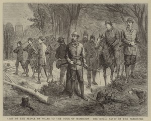 Bezoek van de Prins van Wales aan de Hertog van Hamilton, het koninklijk gezelschap in de reservaten (gravure) door English School