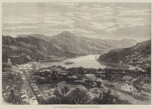 Bezoek van de Zeemansprinsen aan Ceylon, uitzicht op Kandy (gravure) door English School