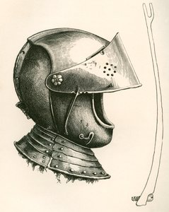 Helm met vizier daterend uit ca. 1643. Het stuk aan de zijkant is de viziersteun, op ware grootte, gebruikt om het vizier op verschillende hoeken te houden volgens de gebruikte inkeping, uit The British Army: Its Origins, Progress and Equipment, gepublicee