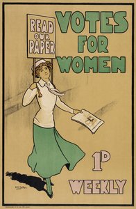 Stemmen voor vrouwen, uit The Suffragette, gepubliceerd in 1912 (kleurenlitho) door English School