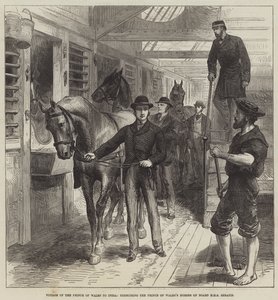 Reis van de prins van Wales naar India, het oefenen van de paarden van de prins van Wales aan boord van HMS Serapis door English School