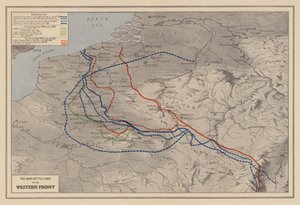 WW1: De belangrijkste gevechtslinies van het westelijk front (kleurenlitho) door English School