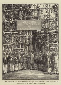 "Wachten op de luitenant-gouverneur", triomfboog opgericht door de inboorlingen in Talpe Pattu, Ceylon door English School