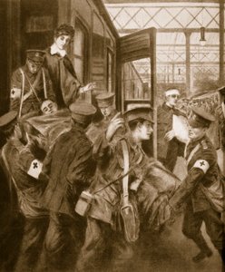 Oorlogswonden arriveren op een Londens treinstation door English School