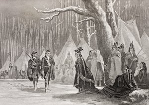 Washington en Gist bezoeken de Indiaanse koningin Alliquippa, uit 