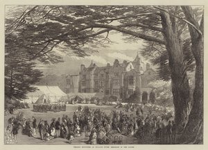 Huwelijksfeesten in Holland House, Ontbijt in de Tuin (gravure) door English School