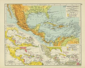 West-Indië en Midden-Amerika met de data van de belangrijkste Europese vestigingen (kleurenlitho) door English School