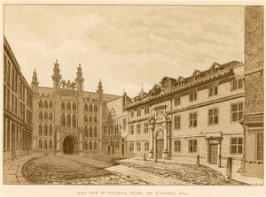 Westelijk uitzicht op Guildhall Kapel, Londen, en Blackwell Hall