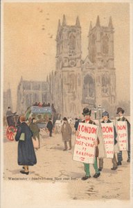 Westminster Abbey, Londen, sandwichman, blauwe jas jongen