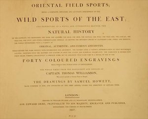 Wilde Sporten van het Oosten: frontispice uit "Oriëntaalse Veldsporten, een Verzameling Tekeningen", uitgegeven door Edward Orme