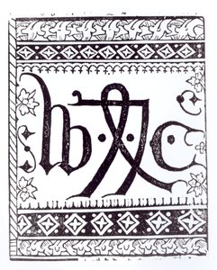 William Caxtons (c.1422 - c.91) Drukmerk, illustratie uit Wetenschap en Literatuur in de Middeleeuwen en Renaissance, geschreven en gegraveerd door Paul Lacroix, 1878 door English School