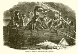 Willem III in een open boot voor de kust van Holland